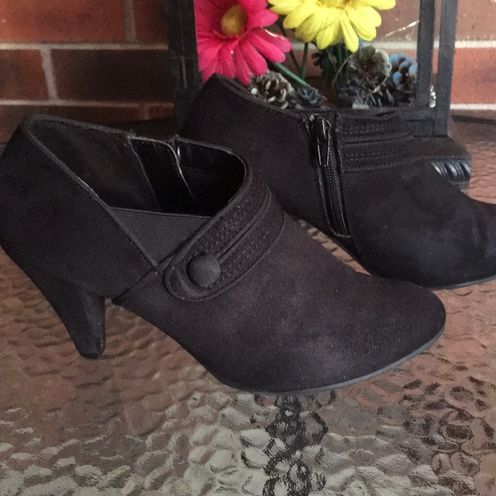 Black Suede Bootie with Button Detail
